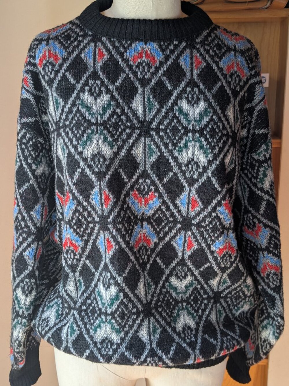 Vintage 80s/90s Celio Paris Knit Black/Multi Graphic Crewneck Sweater Pullover